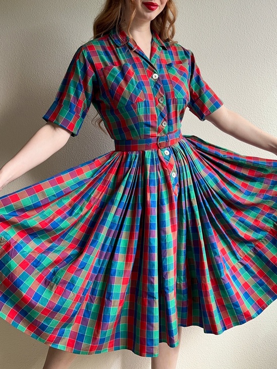 Vintage Dresses & Skirts - Gorgeous Vintage 1950s Red, Green, and Blue Plaid Silk Dress (S)